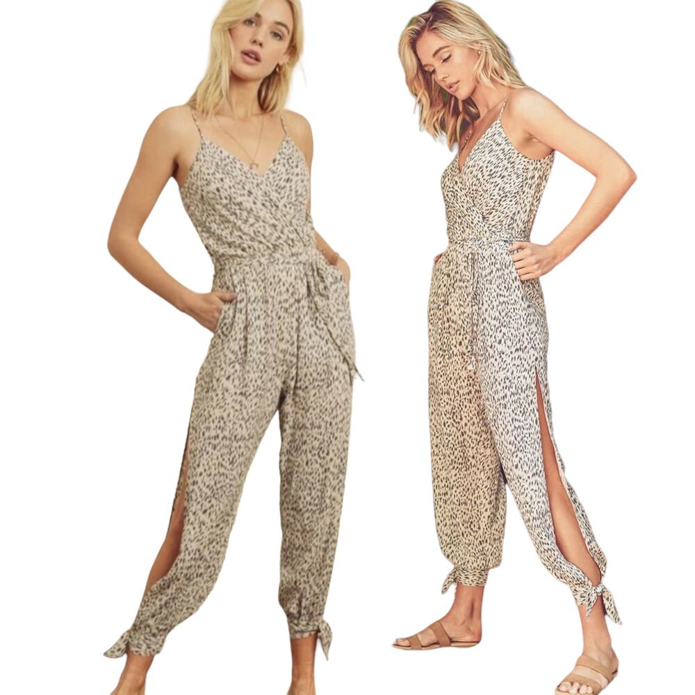 Urban Outfitters Dress Forum Jumpsuit Animal Print Faux Wrap High Rise Tan M